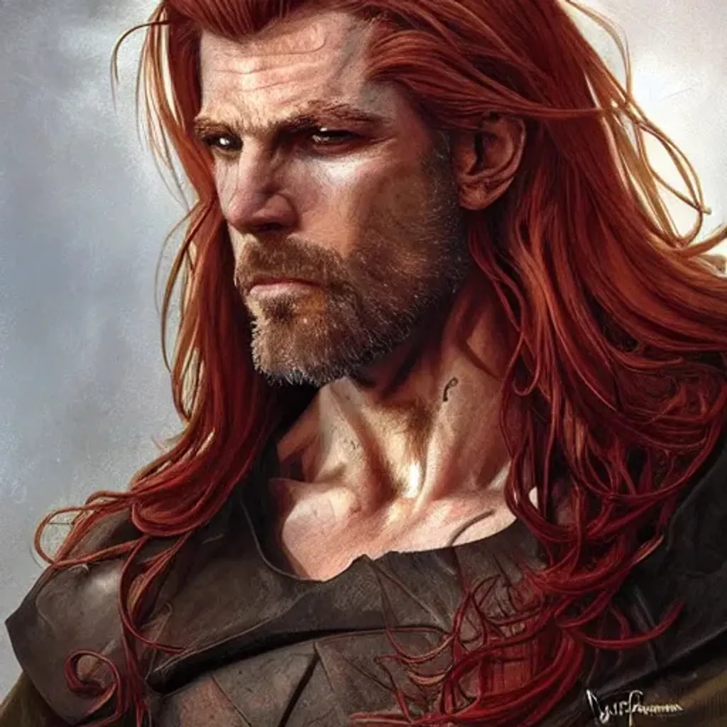 Prompt: portrait of a young ruggedly handsome but stern warrior, male, muscular, masculine, upper body, red crimson hair, long flowing hair, fantasy, smug smirk, gold eyes, intricate, elegant, highly detailed, digital painting, artstation, concept art, matte, sharp focus, illustration, art by artgerm and greg rutkowski and alphonse mucha