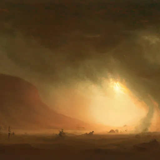 Prompt: An epic painting of an aggressive sand storm in an Incandescently lit post apocalyptic landscape, ultra wide angle landscape painting, by Frederic Edwin Church and Nadav Kander