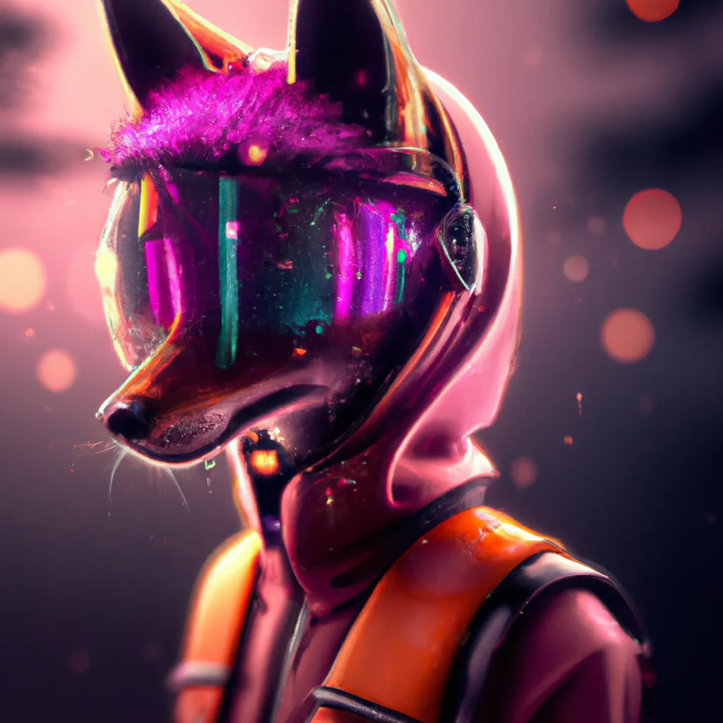 Prompt: A cyberpunk fox wearing an orange pink graduent visor and a purple and pink jacket , by Asaf Hanuka, in the style of Assassin's Creed, Bokeh, Cinematic, Color Grading, Dramatic, 8K, Cinematic Lighting, Lumen Reflections, Screen Space Reflections, Diffraction Grading, insanely detailed and intricate, hypermaximalist, elegant, ornate, hyper realistic, super detailed