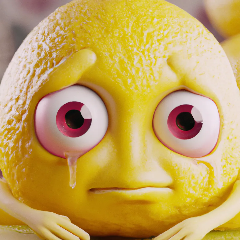 Prompt: Shy Lemon character, adorably cute large eyes, rosy red cheeks, glistening lemon juice, contrasting background, ultra-detailed, haze, film photography, light leaks, Larry Bud Melman, trending on artstation, sharp focus, studio photo, intricate details, highly detailed, by Greg Rutkowski