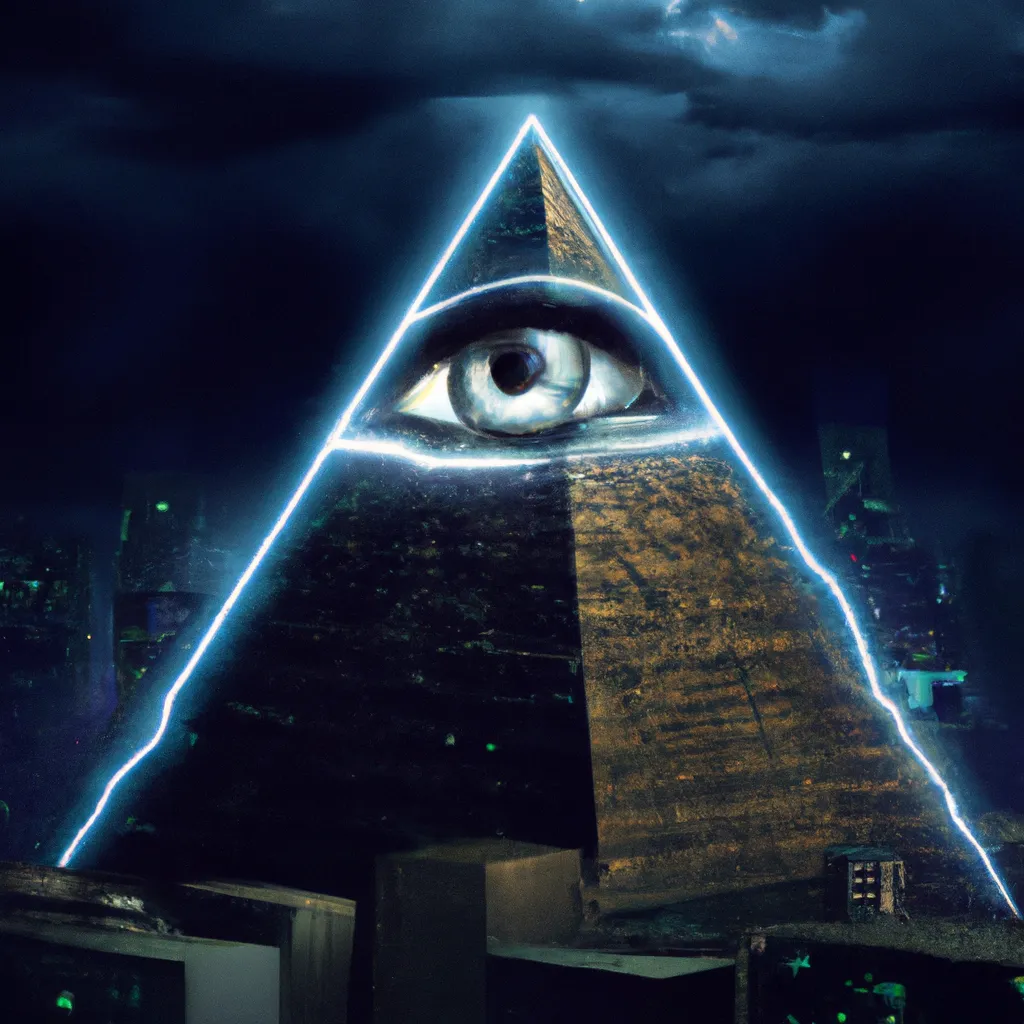 Prompt: hyper realistic, Illuminati evil pyramid eye city night buildings, lightning, movie poster, cinematic 