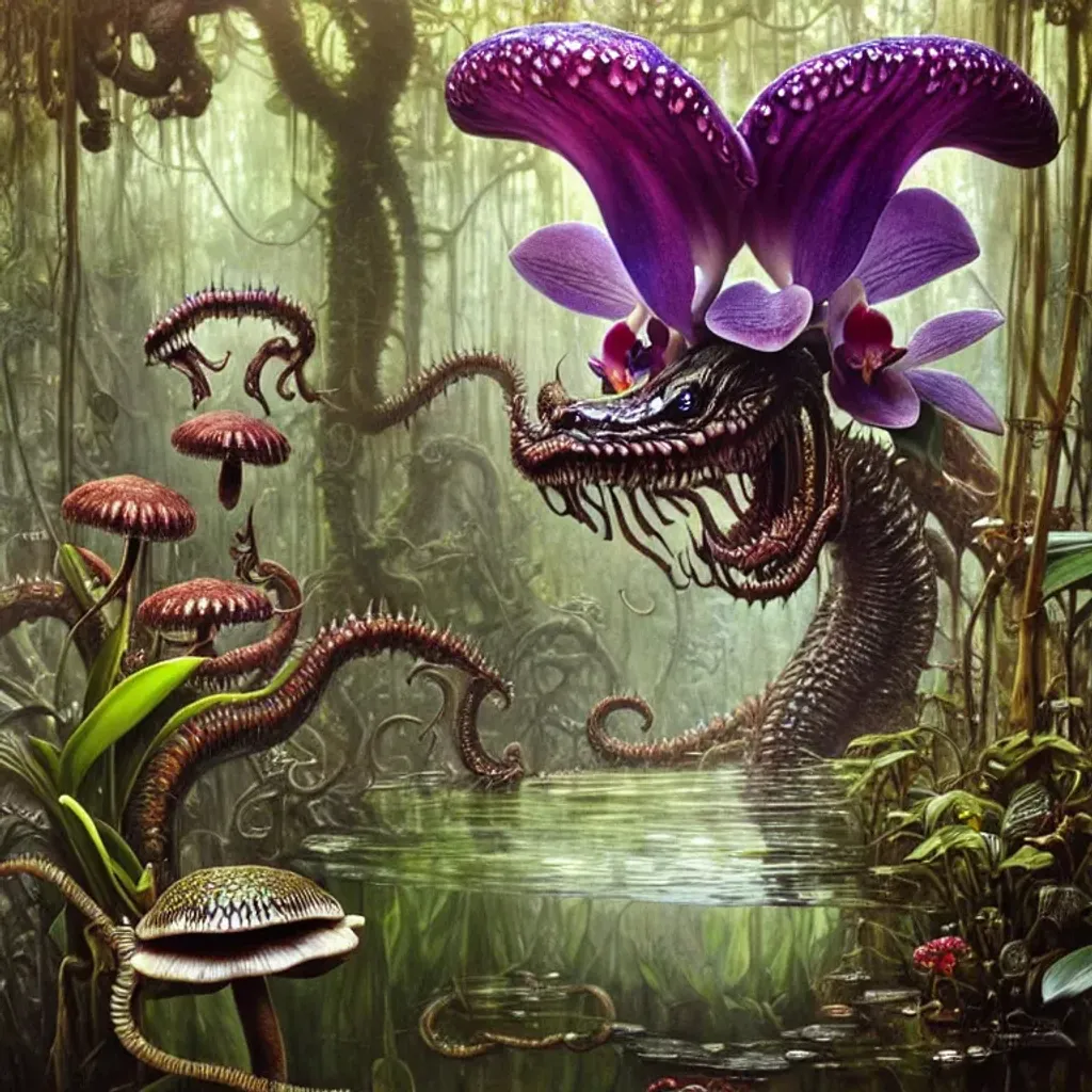 Prompt: detailed_creature , Intricate, portrait blue shroom flytrap kaiju, jungle, puddle, orchids, lillies, Magical, Hyperdetailed Epic Masterpiece; Complex, Royo, Rutkowski, Greg Olsen; Bagshaw, Chevrier, Ferri, Kaluta, Victor Adame Minguez, Diego Gisbert Llorens, Mucha, WLOP, Anato Finnstark, HDR