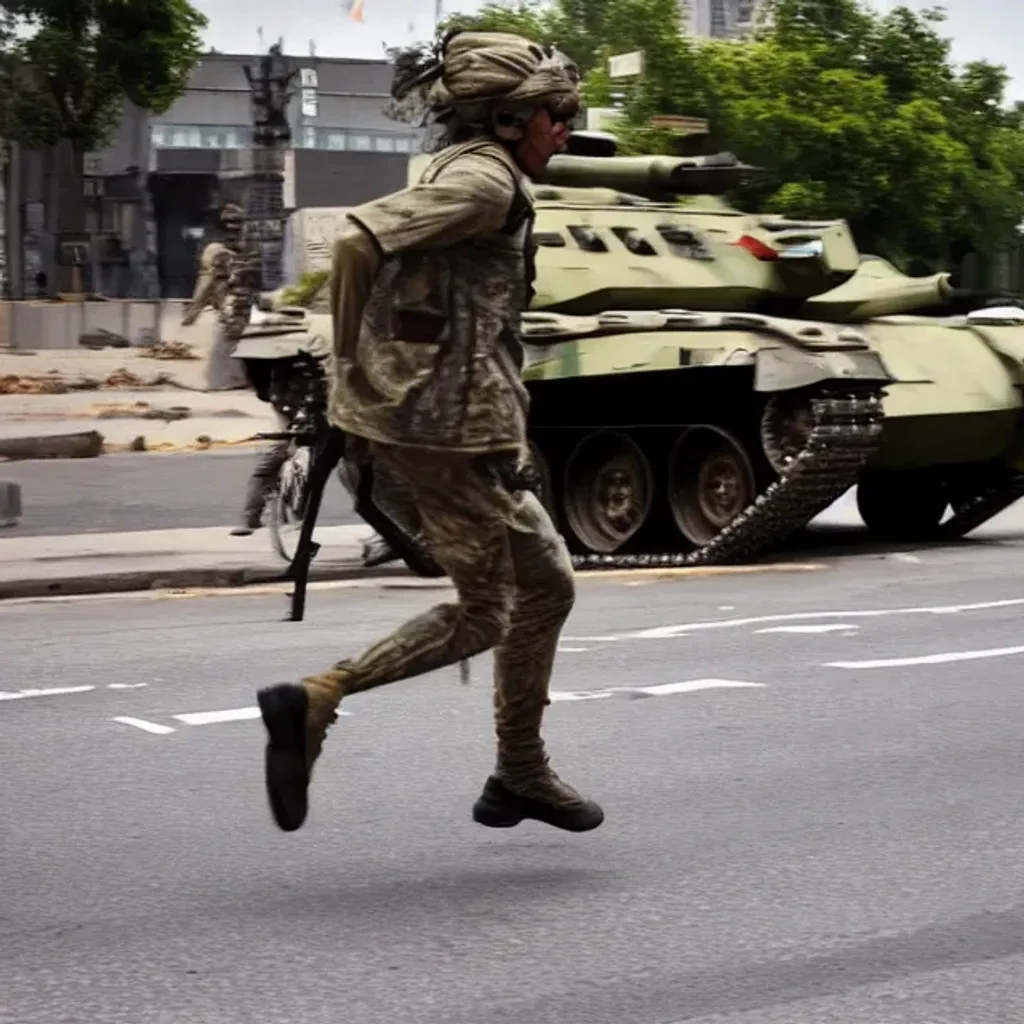 Prompt: Futuristic camo soldier running towards a heavily armored tank on a city road