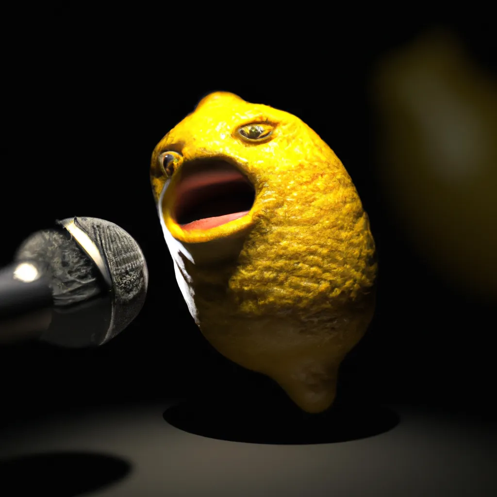 Prompt: bumpy yellow lemon with scared screaming face, screaming into microphone, under spotlight in dark room, close-up, cinematic, octane render, ray tracing art