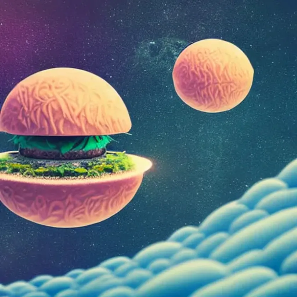 Prompt: 100mm photo of isometric floating island in space, abstract organic surreal hamburger, art nouveau, intricate, high detail, behance, microworlds smooth, macro sharp focus, centered