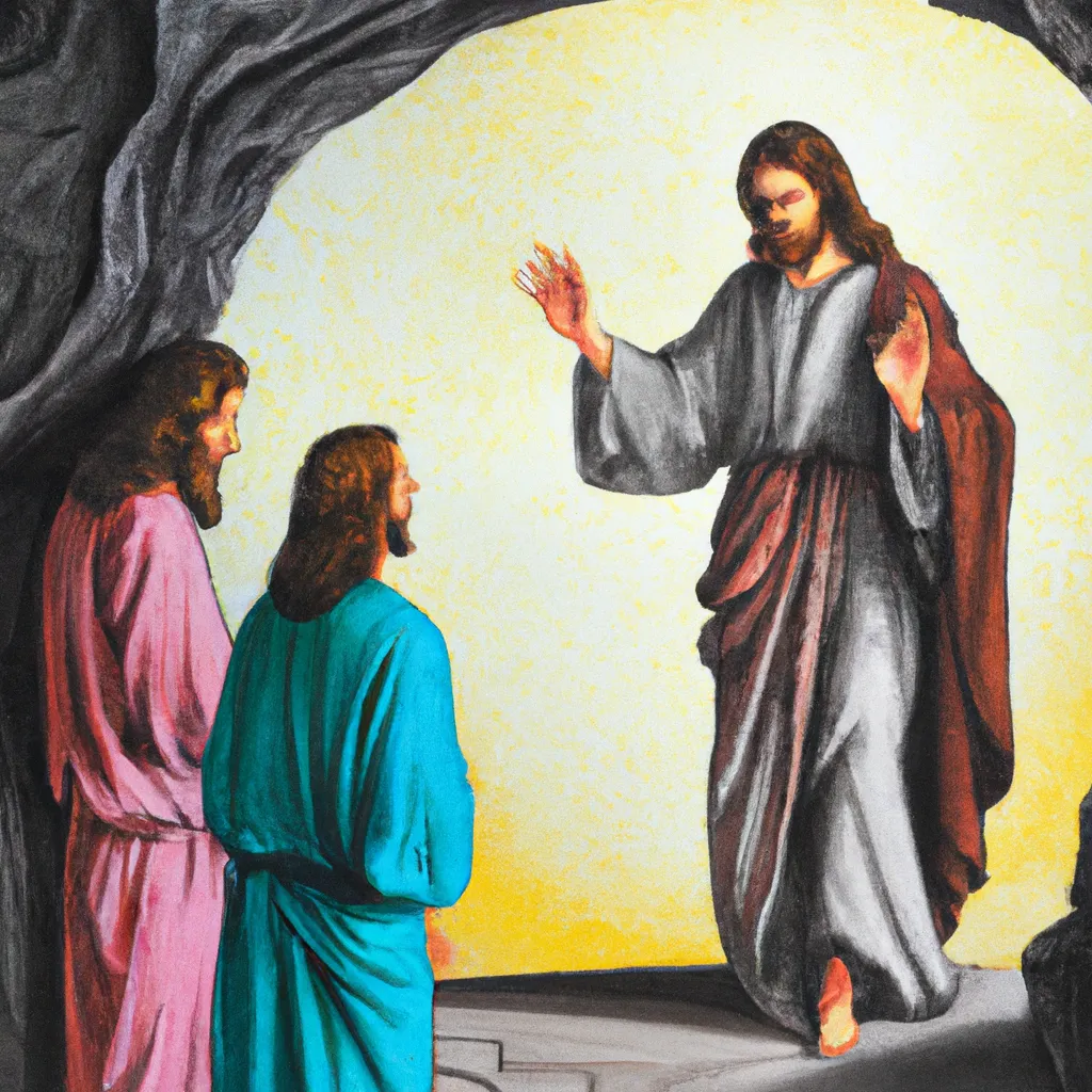 Prompt: Jesus calling to the resurrected, Lazarus who stands at the entrance to his tomb in funeral clothes, Extra-Super-Detailed Tempura painting.
