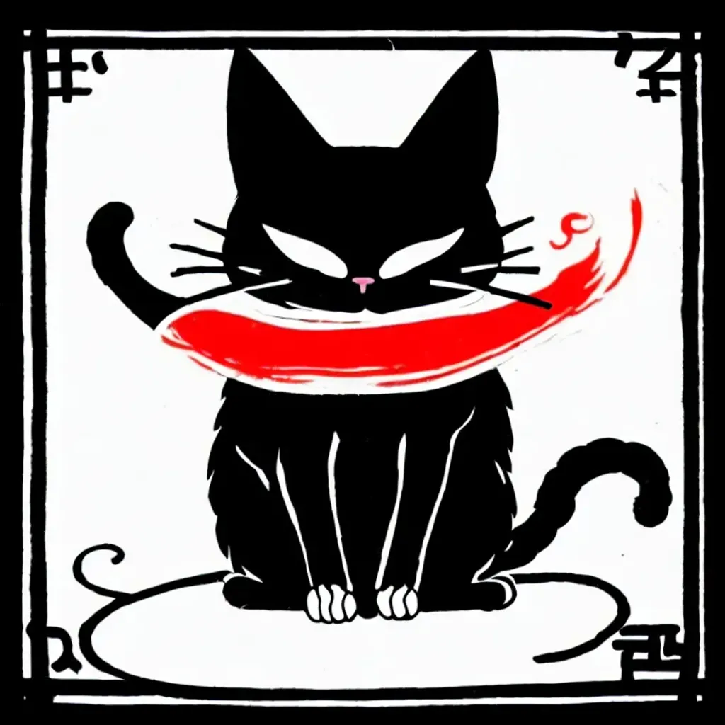 Prompt: importance as of order in this order: cat, philosophy, only black red and white, very simple, logo, demonic, religious, very symbolic in everything, anime, very little Japanese symbolism, polite, many details