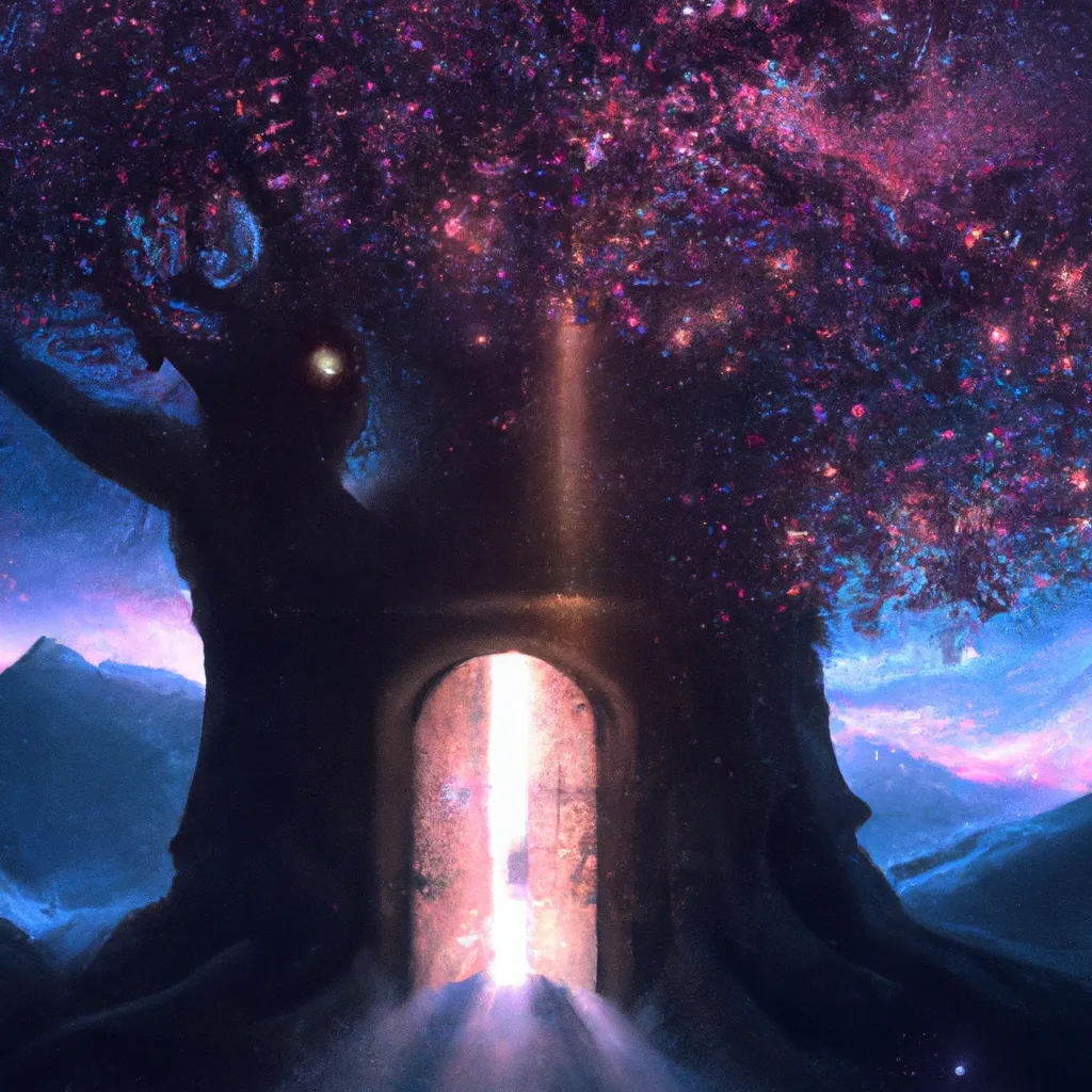 Prompt: a giant sakura cherry blossom tree with a magical door, a luminescent path with fireflies leads to the door, majestic, giant, night-time, night sky with stars, digital art, art by Jessica Rossier, art by Stephan Martiniere, art by Caspar David Friedrich, Trending on ArtStation
