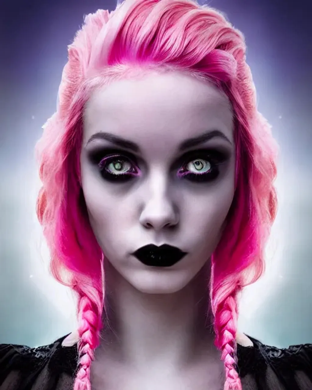 Prompt: head and shoulders portrait of gothic woman with pink hair, centered, scenic background, perfect composition, golden ratio, symmetrical features, hyperrealistic, photorealism, 85mm lens, super detailed, 32k, high quality, trending on artstation, sharp focus, studio lighting, intricate details, hyperdetailed photography by greg rutkowski, dino tomic