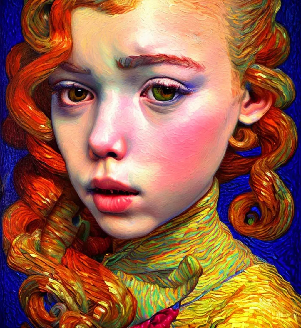 Prompt: oil painting by Vincent VanGogh 
 realistic portrait of a very beautiful young girl cute nose perfect lips intricate girlish charm curly flyaway hair, highly detailed, digital painting, sharp focus, dof, ultra reallistic, extremely detailed, intricate, artgerm, ambient lighting  award winning, fantastic view, colourful, intriguing 