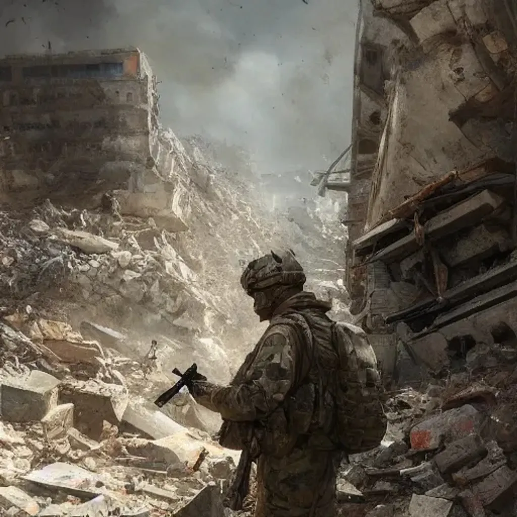 Prompt: masterpiece an American soldier in full multicam gear taking cover behind rubble during a battle, intense, 8k, cinematic lighting, art by Greg Rutkowski