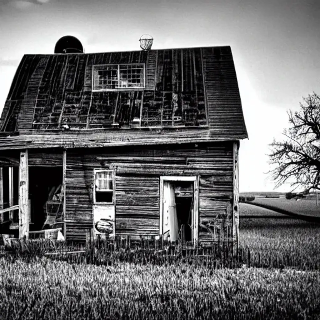 Prompt: kansas broken down farm house in black and white