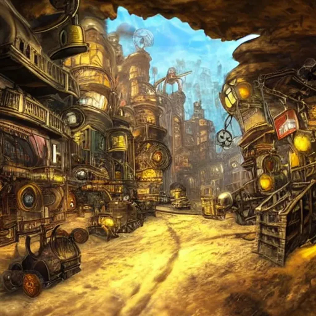 Prompt: steampunk city in a huge cave