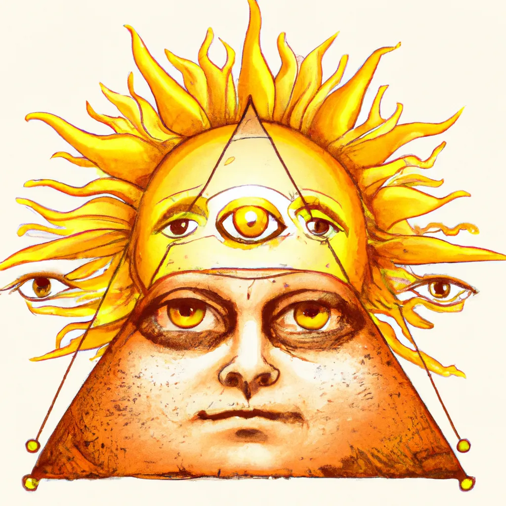 Prompt: sun with face alchemy, pyramid, eye, esoteric, medieval occult, mushroom, enlightenment, realistic, high definition 