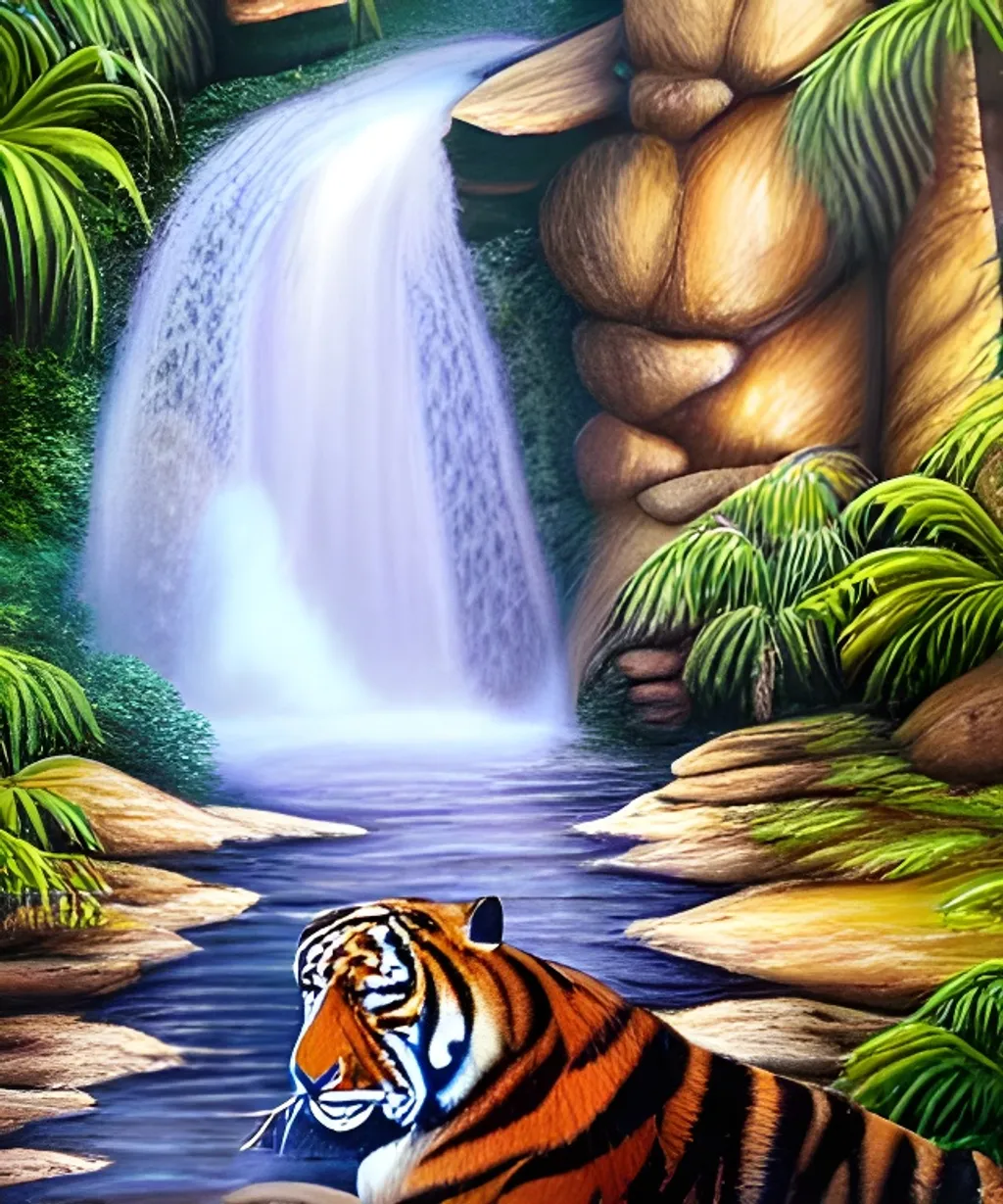 Prompt: painting depicting a flowing waterfall with a tiger in a deep jungle setting, concept art, 4k, artstation, super detailed, unreal engine, professional, impressionism, oil on canvas, knife painting, messy,