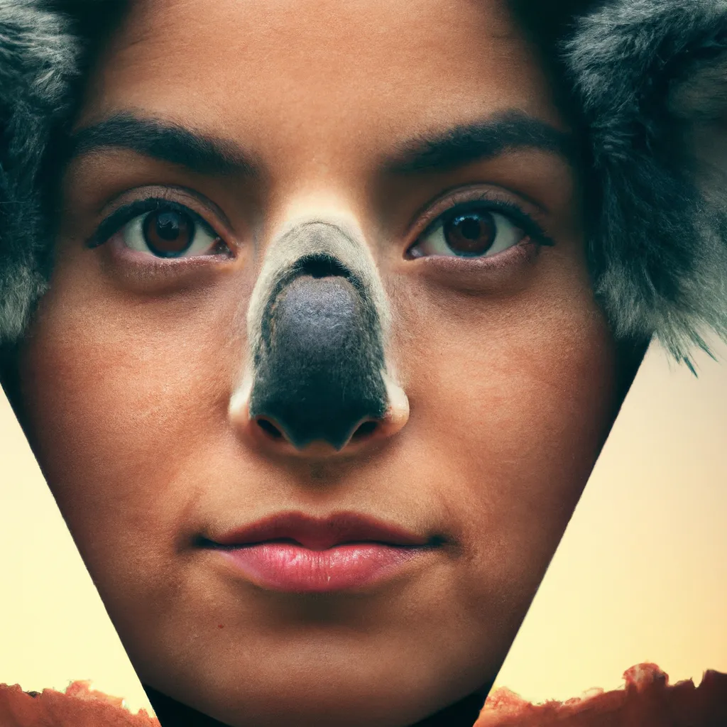 Prompt: A photo of a cute young woman's head combined with a 3D render of a hybrid koala head. Epic film poster style.