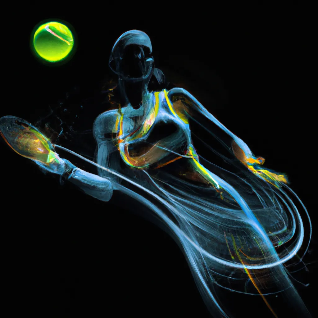 Prompt: a smooth transparent clear crystal body of a beautiful woman serving a tennis ball appears to be illuminated by smooth streaks of random lightning bolt wrapping her body in total darkness by Christian W. Staudinger, featured on cg society, perfect composition, black background, darkness, holography, backlight, transparent crystal, chiaroscuro, bioluminescence, opalescent, iridescent, x-ray hologram | 3d octane render | octane lighting | dream fantasy | centered | octane render artstation trending 8k ultra-detailed  | sharp focus golden ratio | Disney Pixar Dreamworks 