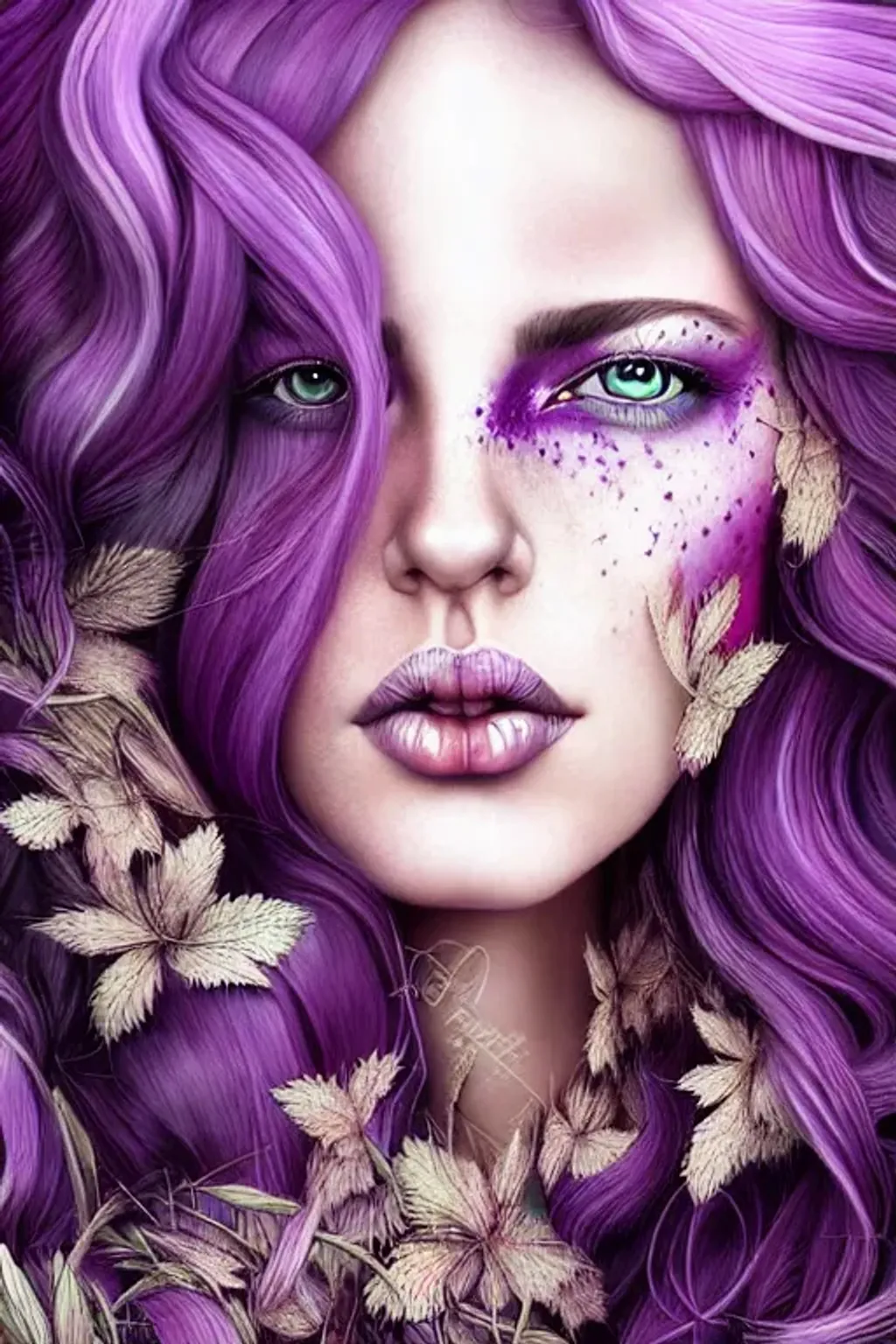 Prompt: close up photo portrait of a woman {beautiful face} with long {purple} hair {surreal fantasy art, hyperrealistic, perfect composition, highly detailed, by  Anna Dittmann