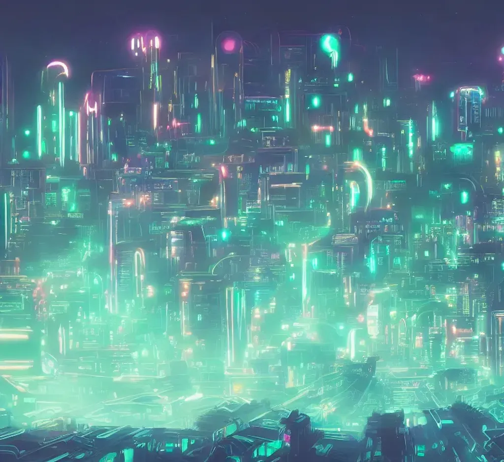 Prompt: Wispy neon clouds glowing and sharply outlined in neon, Futuristic cityscape at night time, style of ghibli, high definition, fine linework, fine detail, extreme detail