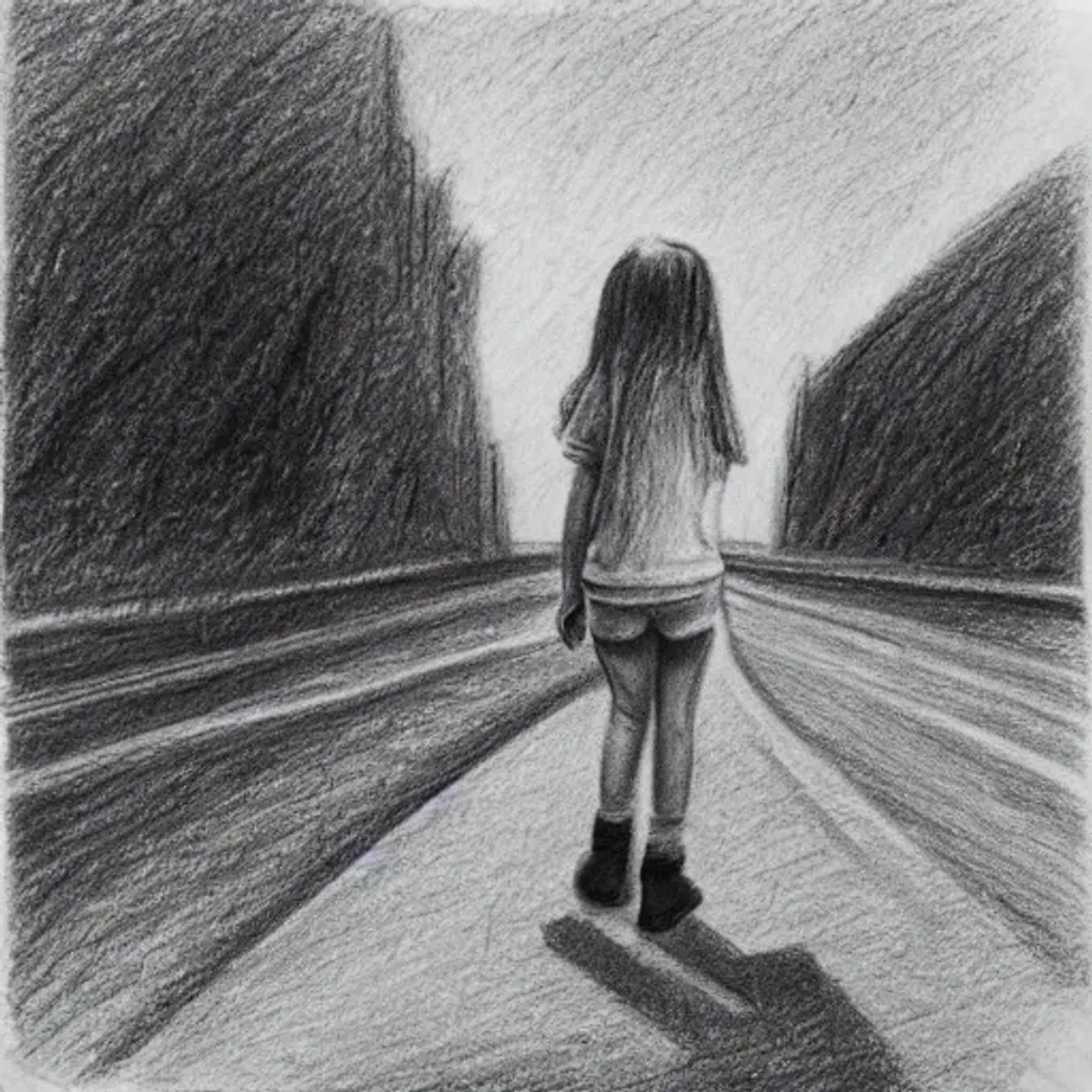 Prompt: pencil drawing of a young girl with her back turned to viewer looking at the road
