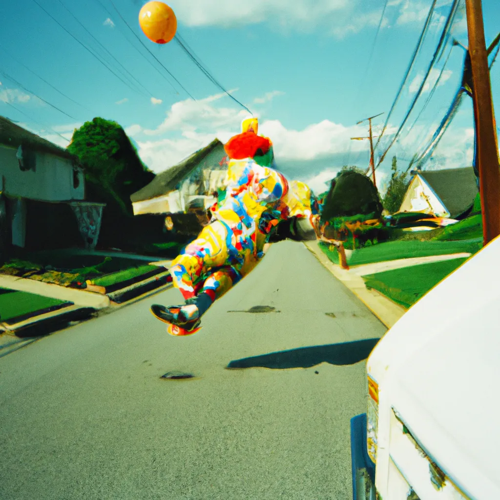 Prompt: 1993 disposable camera photograph of a clown levitating in a suburbs drives way