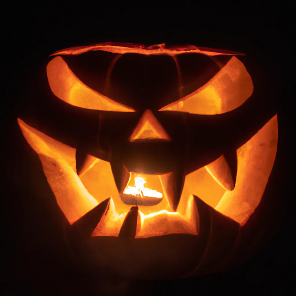 Prompt: A creepy and wonderful horror jack o' lantern with fire in the head and Halloween mood