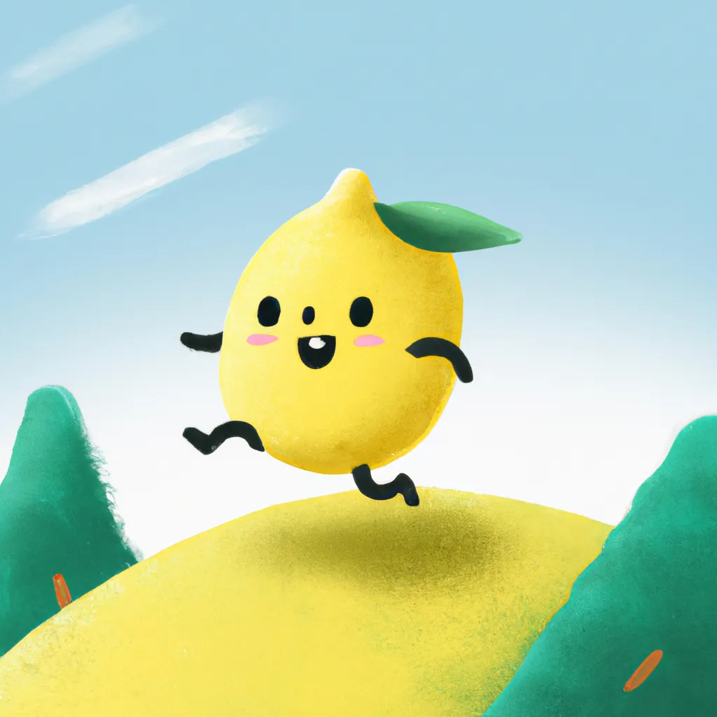 Prompt: a cute, happy, kawaii, cartoon lemon running around on top of a hill