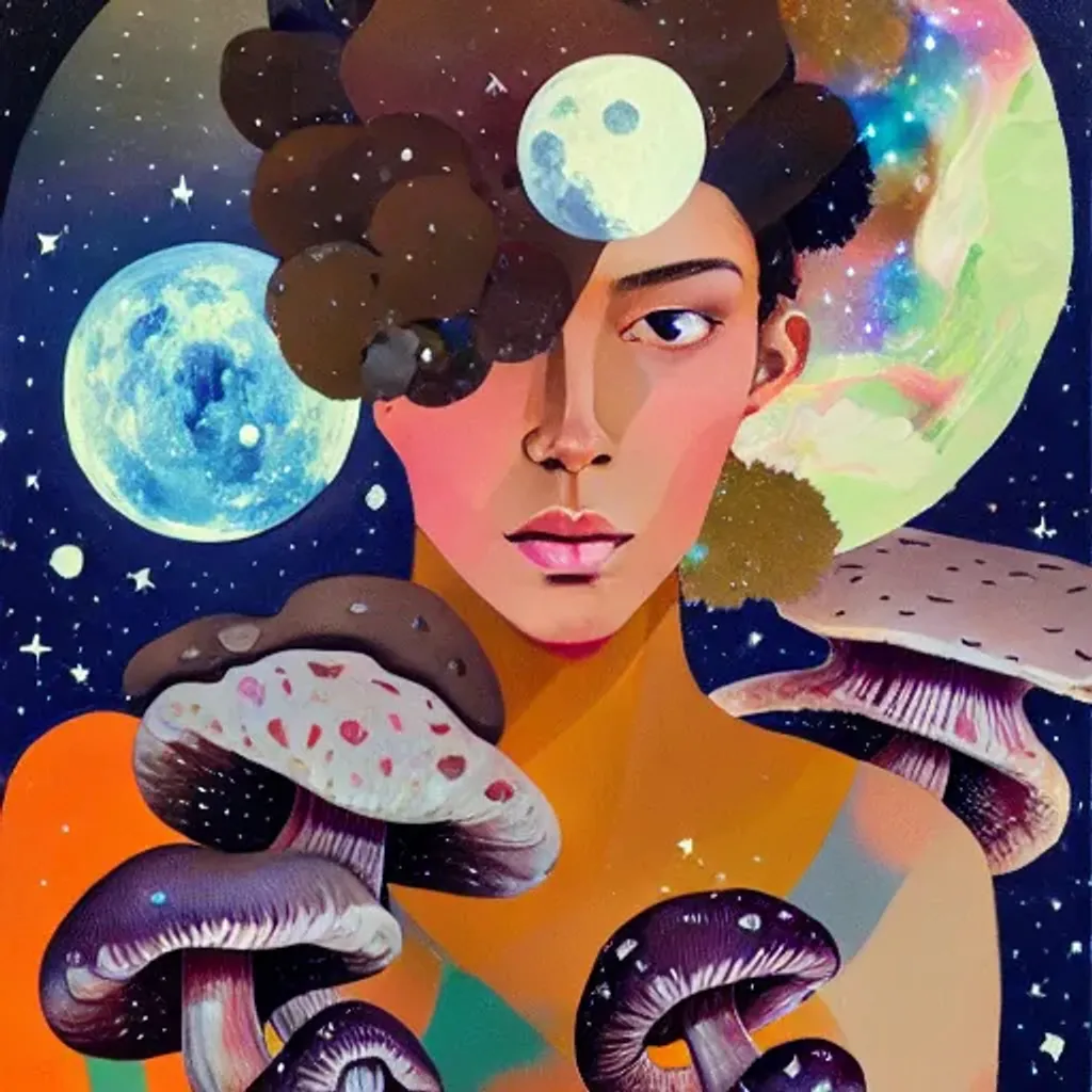 Prompt: Gouache portrait by Ryan Hewett, Beautiful woman with dark brown skin, mushrooms growing out of her hair, hq, fungi, celestial, portrait, victo ngai, moon mushrooms, galaxy, moon, stars 