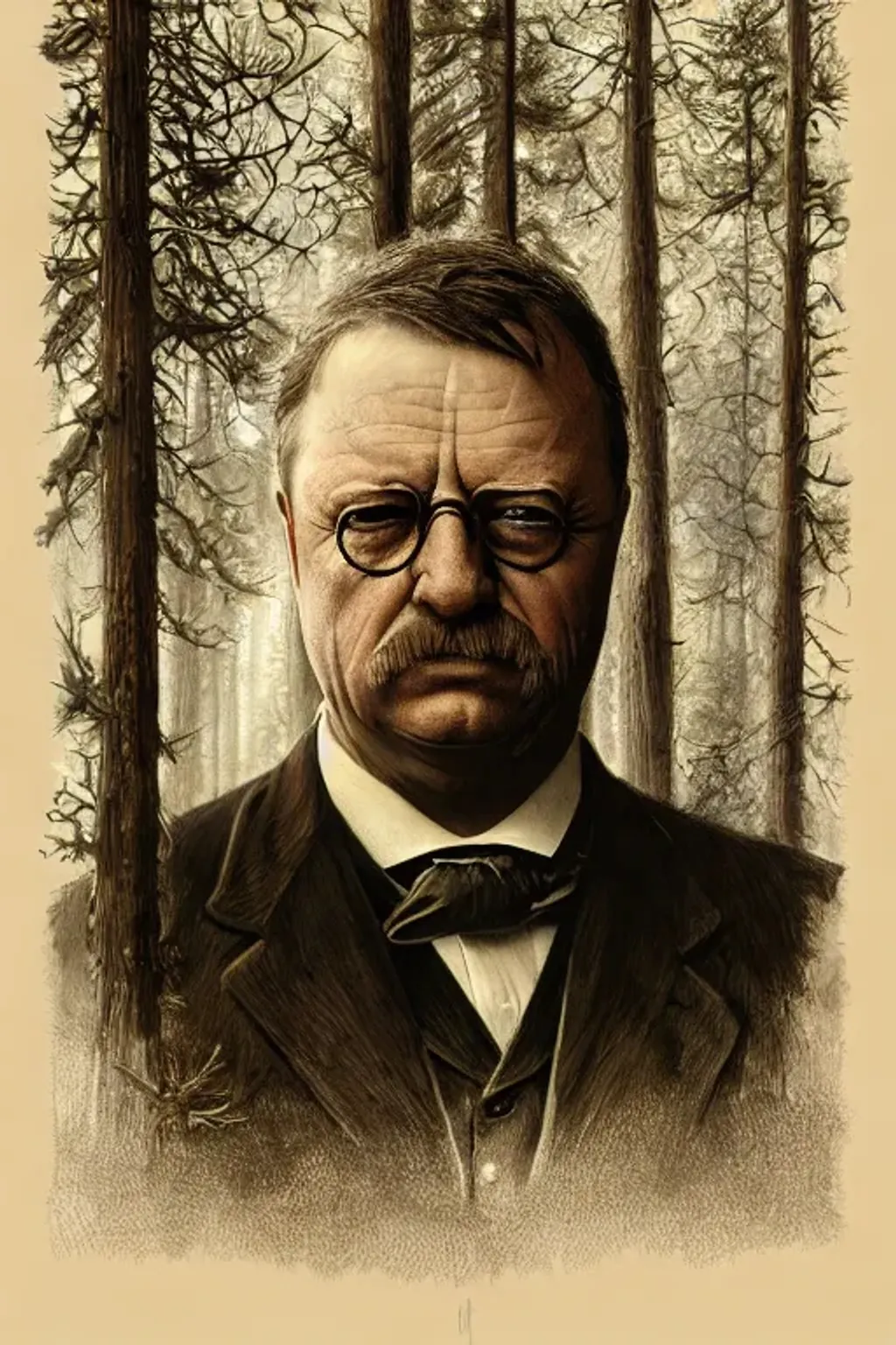 Prompt: portrait of a cute President Theodore Roosevelt, big eyes, clear face, intricate detailed pine forest, dramatic lighting, perfection, symmetrical, by Greg Rutkowski