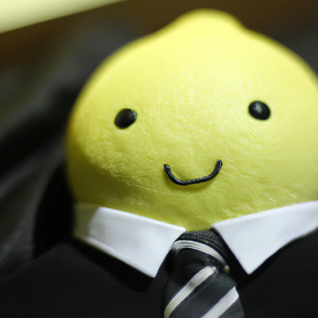 Prompt: cute lemon plushy by sanrio tie and black tuxedo t-shirt, soft lighting,