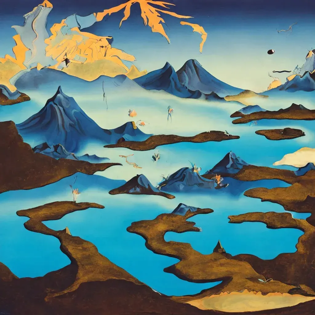 Prompt: a surreal landscape in the style of Salvador Dali featuring a large, looming mountain in the background. The mountain is made up of a variety of shapes and colors, with a few jagged edges and a few smooth curves. In the foreground, there is a lake with a few small islands in it. The lake is a deep blue color, and the islands are made up of various shapes and colors. There is a small boat in the lake, and a few birds.