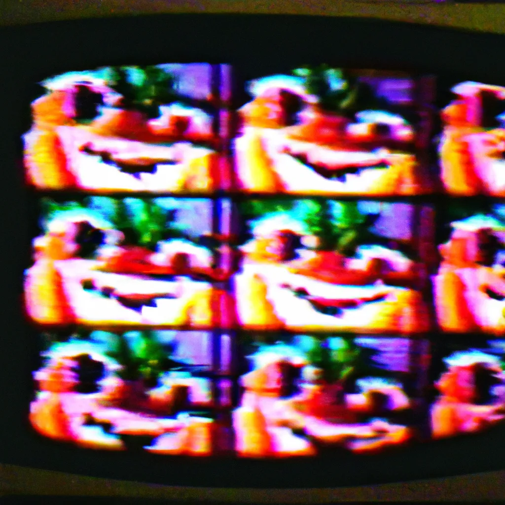 Prompt: A heavily distorted 1993 VHS footage of a thousands of jack-o-lanterns in a American home