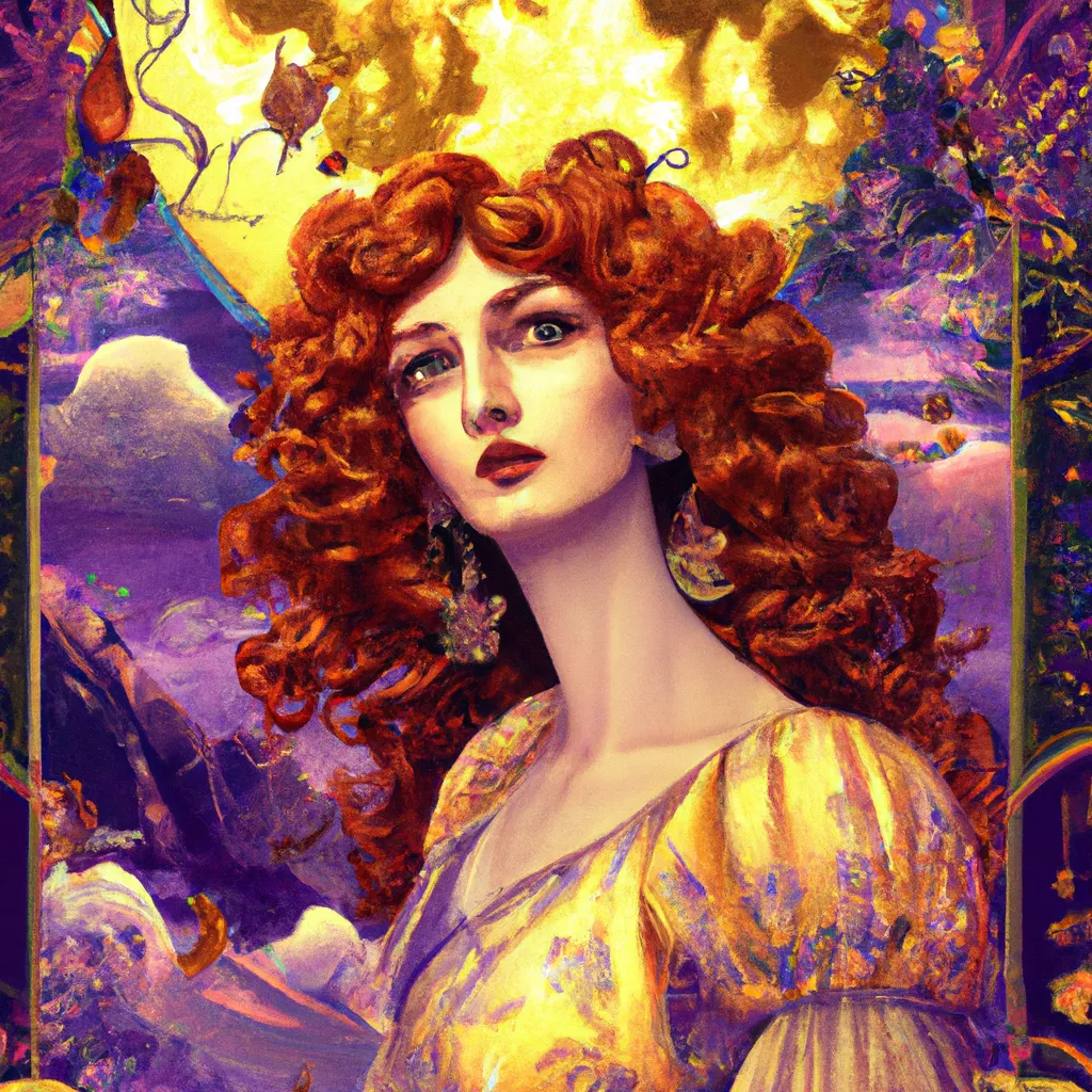 Prompt: digital art by mucha, Dali, Pixar Studio, art nouveau, portrait of a beautiful woman with curly auburn hair, ethereal fantasy, full moon, pastel color pallete with yellow gold filigree, beautiful woman dressed in flowing purple gown, Christoast tree, holiday decorations, Blender, photoshop, award-winning 