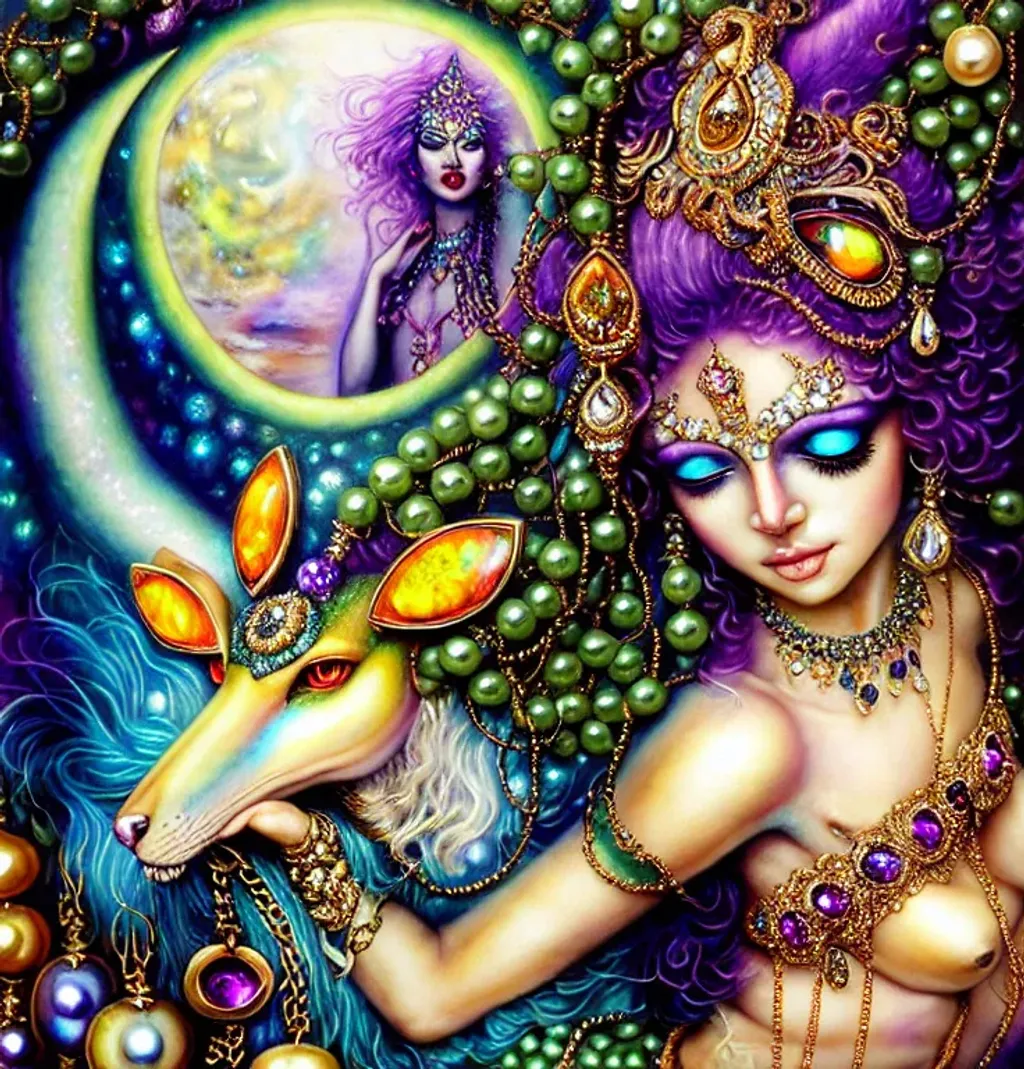 Prompt: Bejewelled aesthetic cat shapeshifter ((humanoid) felinoid (goddess)), indigo cream mustard moss amber silver pearl (photorealistic eyes) iridescent jewellery, by Josephine Wall,  Ryohei Hase, Anna Liwanag, fursona, furaffinity, background theme alien planet with a (crystal moon) by Howard David Johnson, detailed illustration, acrylic on paper, intricate, elegant, ornate, hyper realistic, unreal engine 5 128K UHD Octane, pi, fractal fBm $text, watermark, copyright, frame, borders, clones, too many arms$