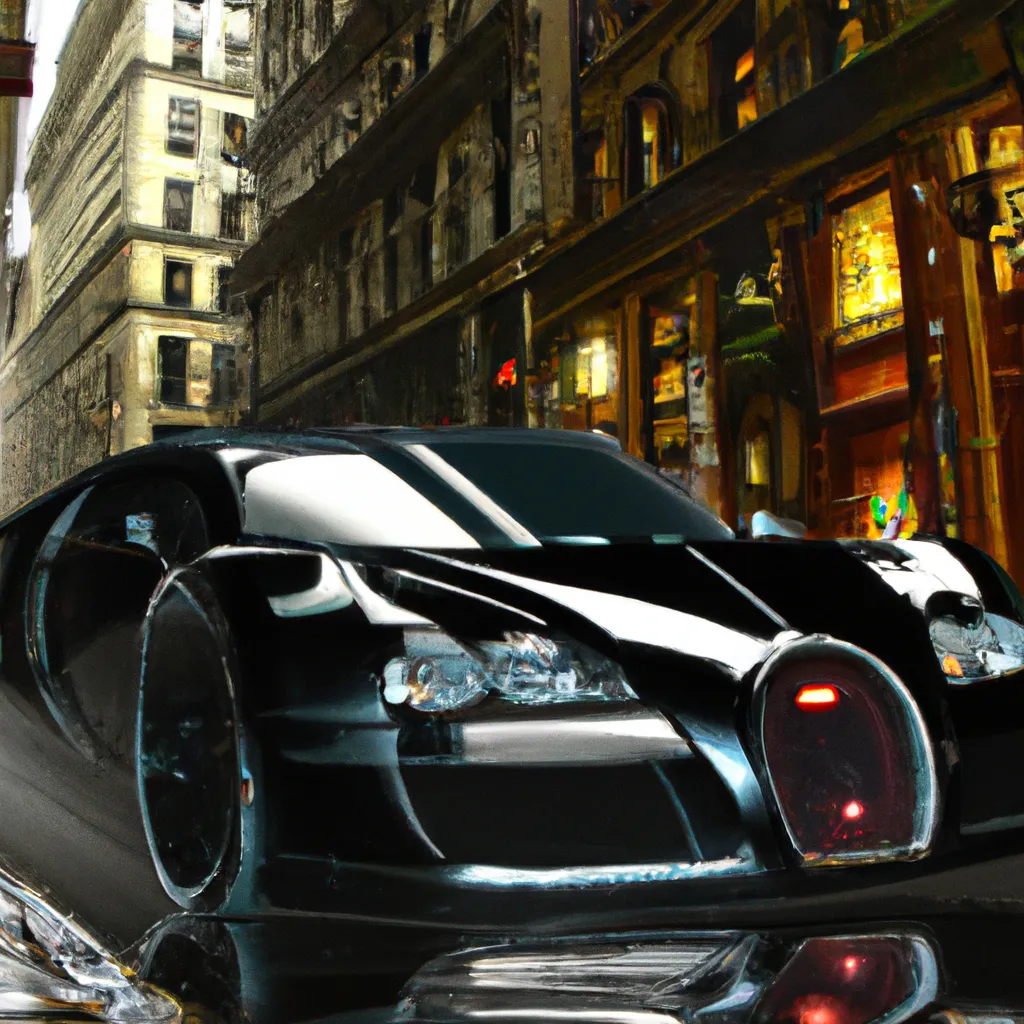 Prompt: photograph of a shiny hot black Bugatti, with a sleek spoiler, driving down the wet streets of new York cyberpunk city, by greg rutkowski, by stanley artgerm, by alphonse mucha