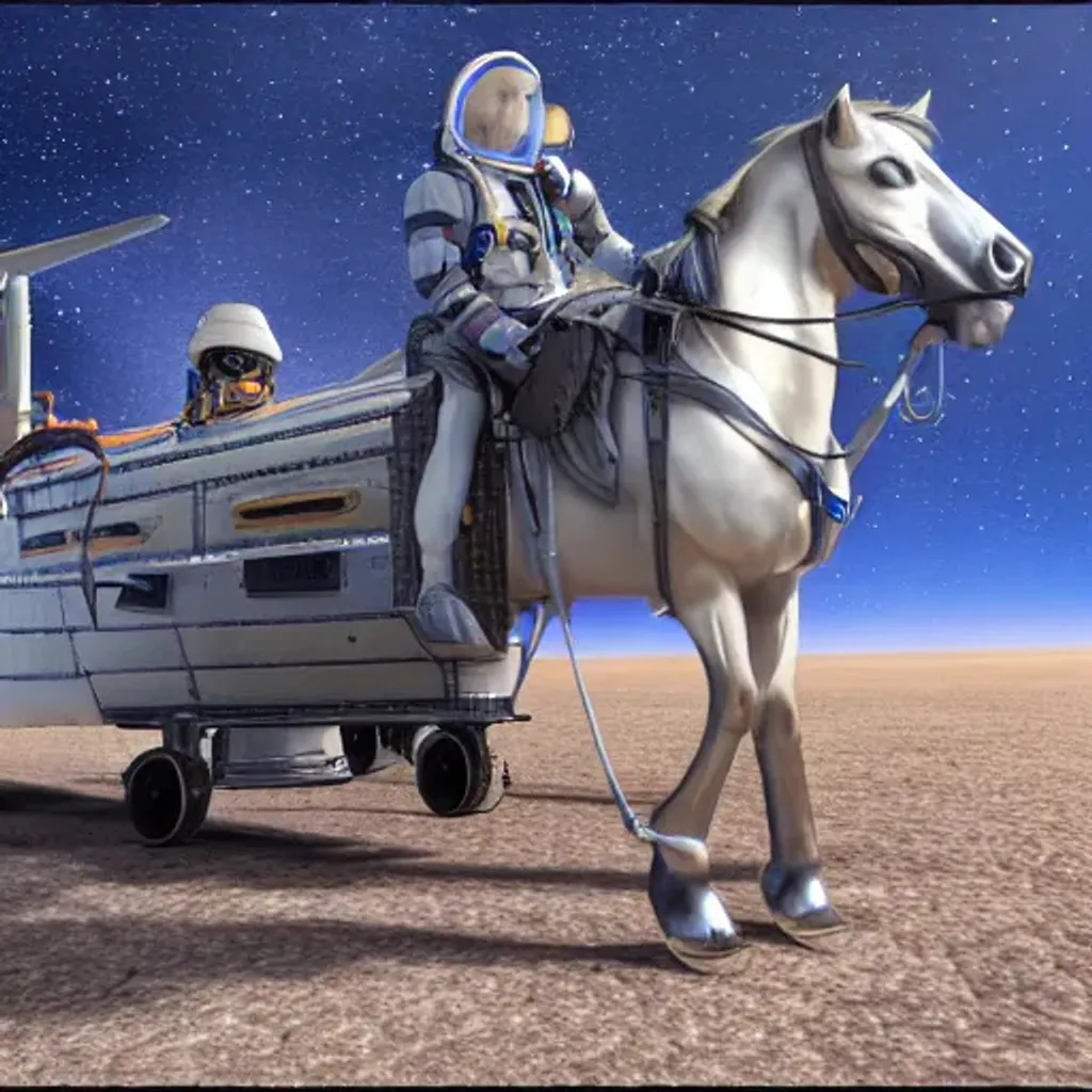 Prompt: a space cowboy walking his horse into the cargo space of a space-ship, full body portrait, 8k resolution, trans-realism