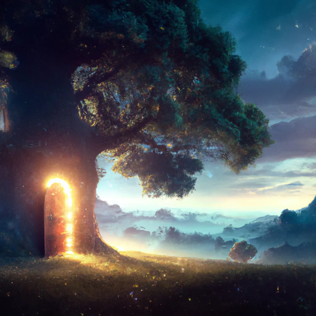 Prompt: an oak tree with a magical door, a luminescent path with fireflies leads to the door, majestic, giant, night-time, night sky with stars, digital art, art by Jessica Rossier, art by Stephan Martiniere, art by Caspar David Friedrich, Trending on ArtStation, 8K, octane render


