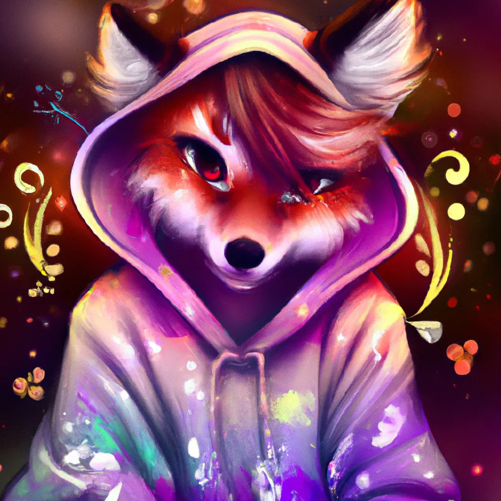 Prompt: Female adult cute Fursona red fox, highly detailed, 8k, animal face, she is wearing a pink and purple floral hoodie with galaxy designs, expressive pose, digital art, trending on furaffinity, trending on artstation, 