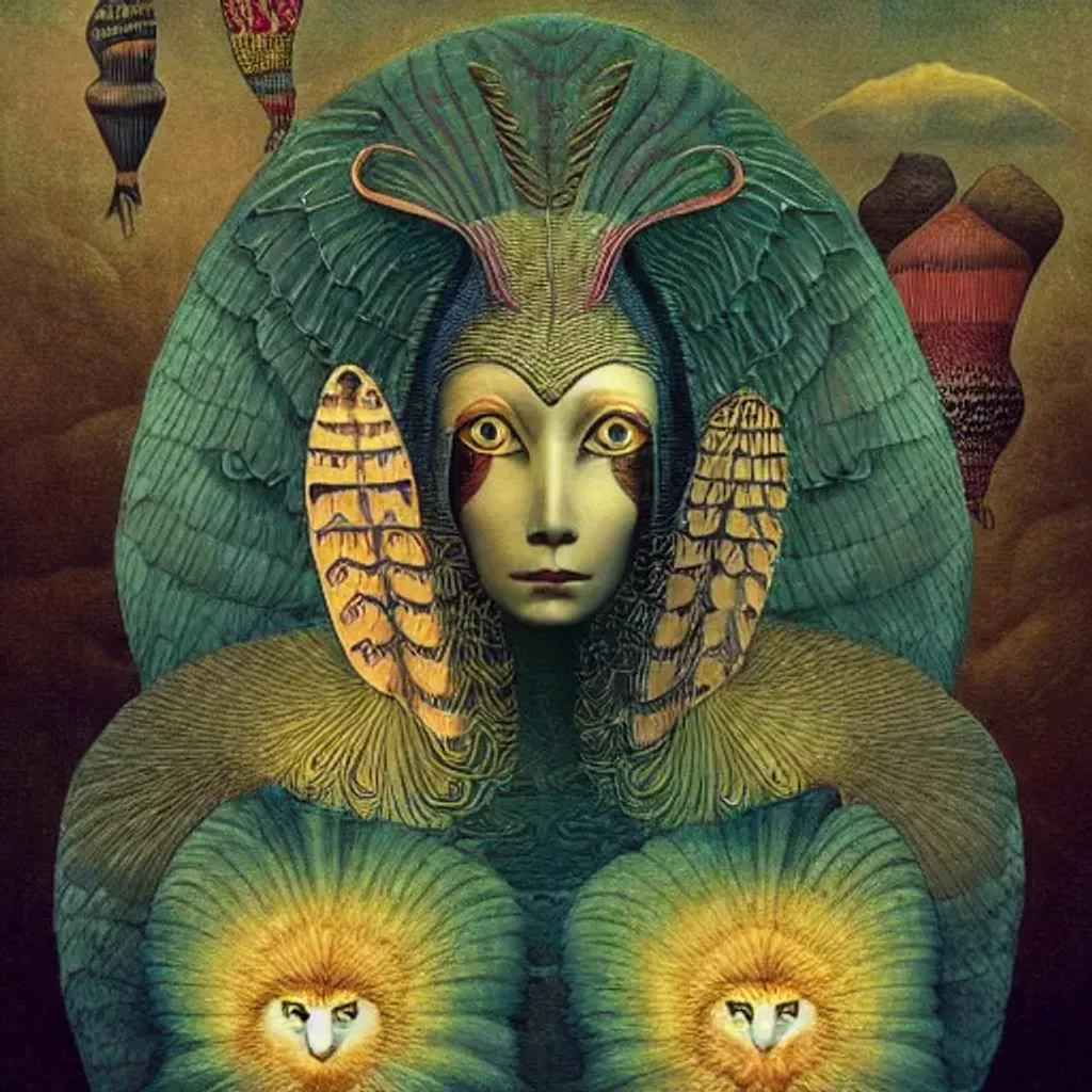 Prompt: Sphinx Peruvian arpillera Oxana dobrovolska victo ngai henry rousseau Vladimir kush peregrine heathcoate catrin welz-stein Andrea kurti Andrea kowch 