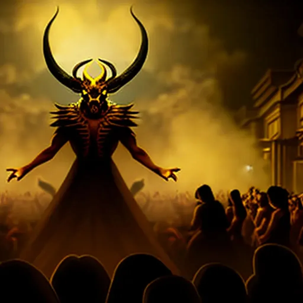 Prompt: dramatic dark atmosphere, crowds of people kneeling around, androgenous demon with horns wrapped in golden fog, hyperdetailed, artstation, standing above crowd