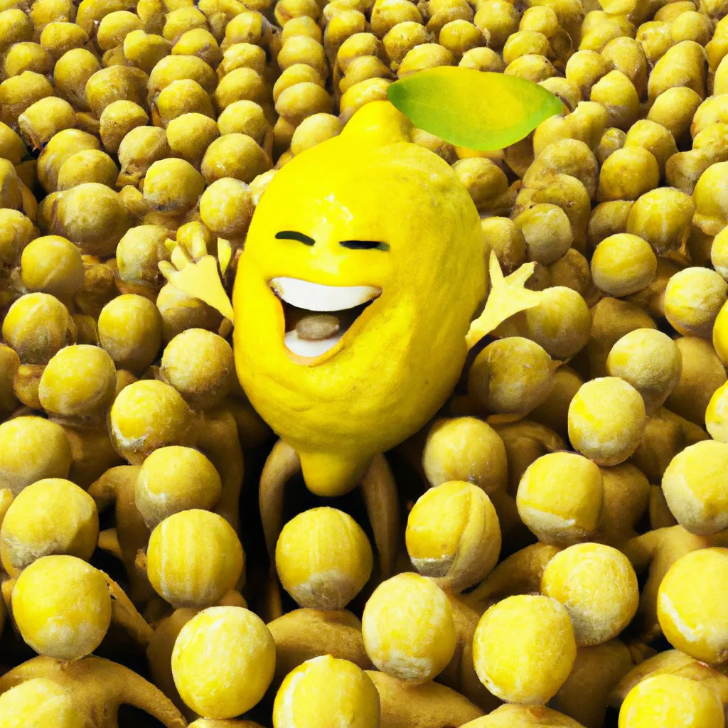 Prompt: 3-D, Photo-Realistic, Laughing Giant Lemon surround by huge crowd of cheering lemon admirers
