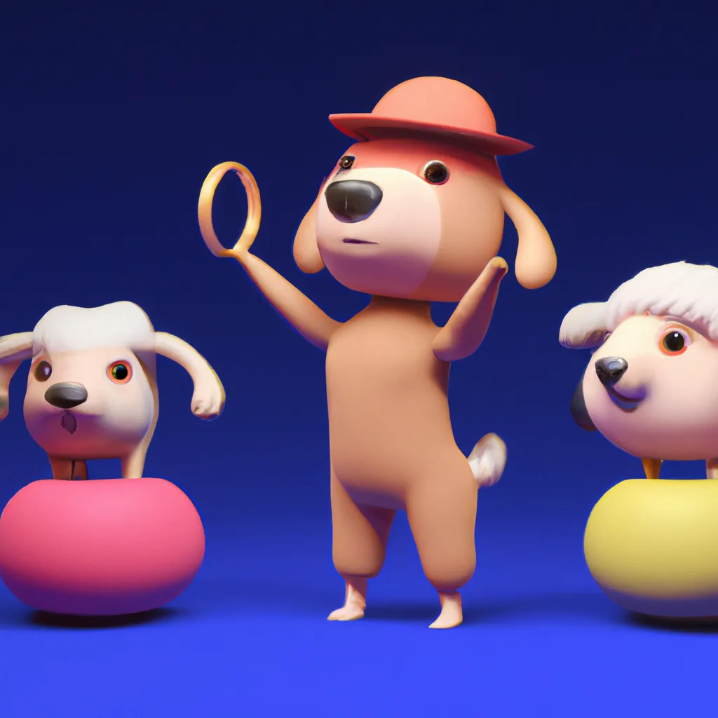 Prompt: Octane render of a humanoid sheep character teaching tricks to a couple of puppy dogs in the circus, style of pixar characters, dreamworks