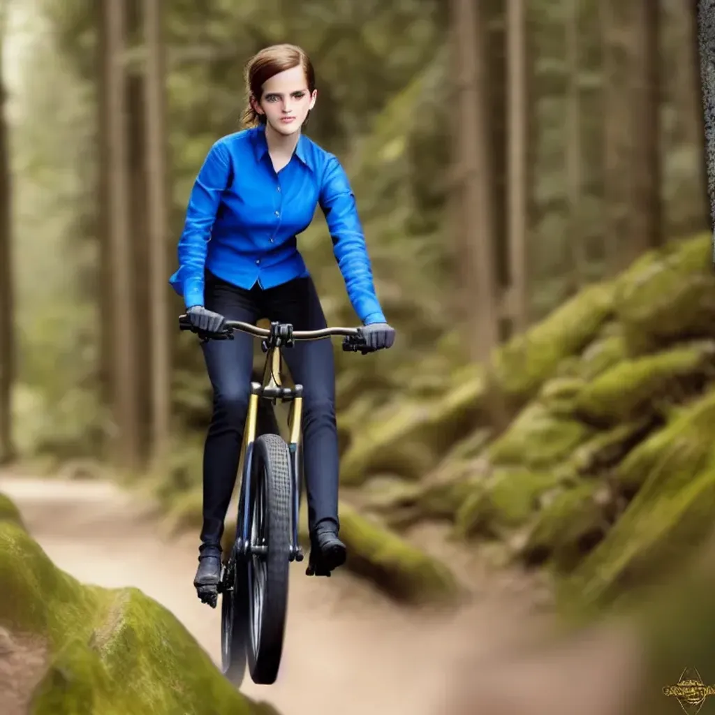 Prompt: "Beautiful adventurous Emma Watson riding "mountain bicycle with sturdy golden frame thick tires", long-sleeved shirt blue, jeans pants, black gloves, shoes good grip. Centred half-portrait in luxurious forest. 16K resolution, intricately hyperdetailed photographic cinematic digital painting Anna Dittmann, JW Waterhouse, Gustave Moreau, Cinema 4D, natural lighting, contrasting colours, Nikon, lifelike, fantasy, HDR". 
"Meticulously detailed lifelike photorealistic painting Alphonse Mucha, Peter Mohrbacher, subsurface scattering, octane render"