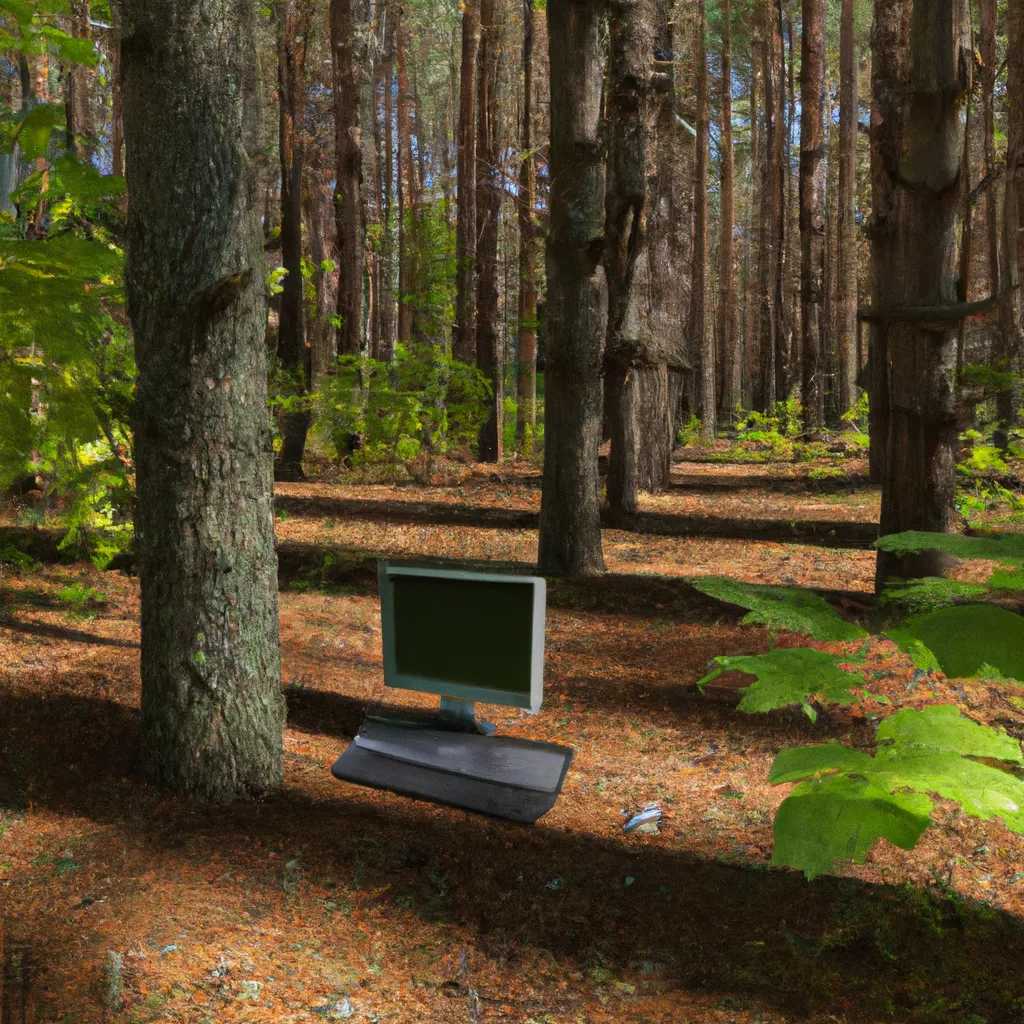 Prompt: A small computer in the middle of a large forest, sunny, wide angle, photorealistic