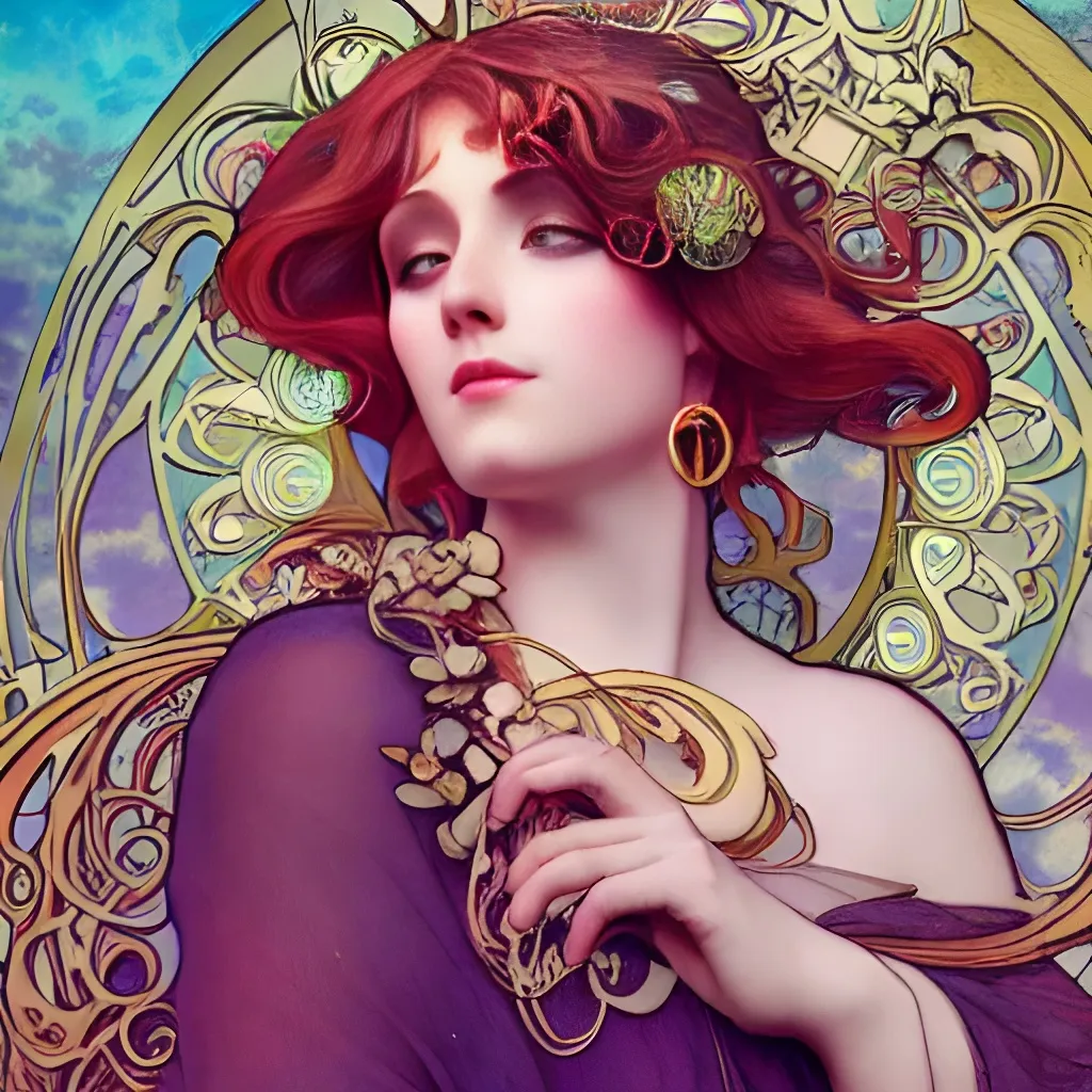Prompt: Beautiful sole mio in art nouveau style, alphons mucha, ultrarealistic, hyperealistic, octane render, 4k, uhd, photorealistic, cinematic, unreal engine, ambient occlusion, beautiful colours