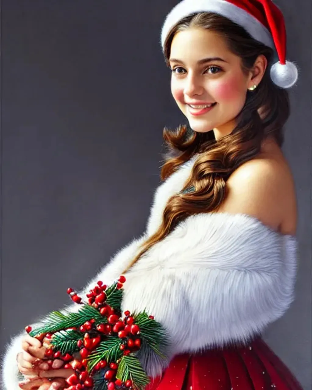 Prompt: photograph, Winter, 8k, attractive, elegant, confident, optimistic, teenager, smiling, beautiful big eyes, heavenly look, highly detailed modern Christmas style clothing, fine skin details, trending on artstation, sharp focus, intricate details, highly detailed, Artgerm, Greg Rutkowski, Tom Blackwell