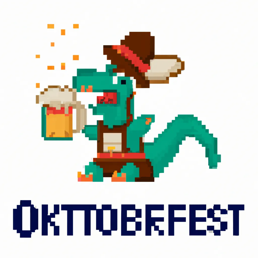 Prompt: Pixel art of A happy dragon with a German Oktoberfest hat and an overflowing tankard