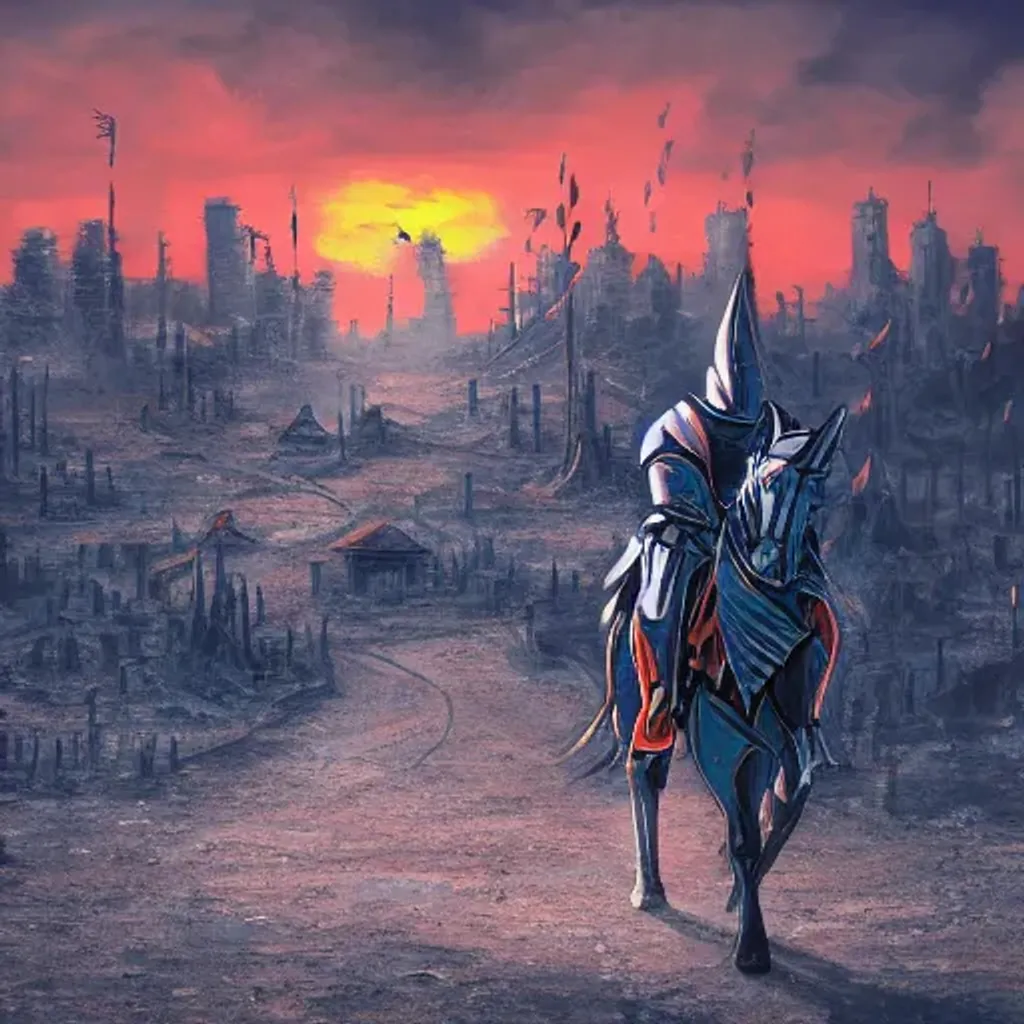 Prompt: knight in burning city during sunset