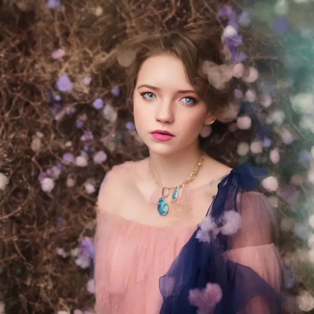 Prompt: portrait studio photoshoot, cute young woman with face like Sydney Sweeney, dirty blonde wavy hair, bangs, symmetrical face, intense blue eyes, doey eyes, cut crease eyeshadow makeup, blush, pouty pink lips, wearing a lacey dress, wearing a chain necklace, bokeh background, 8k render, vogue street photography