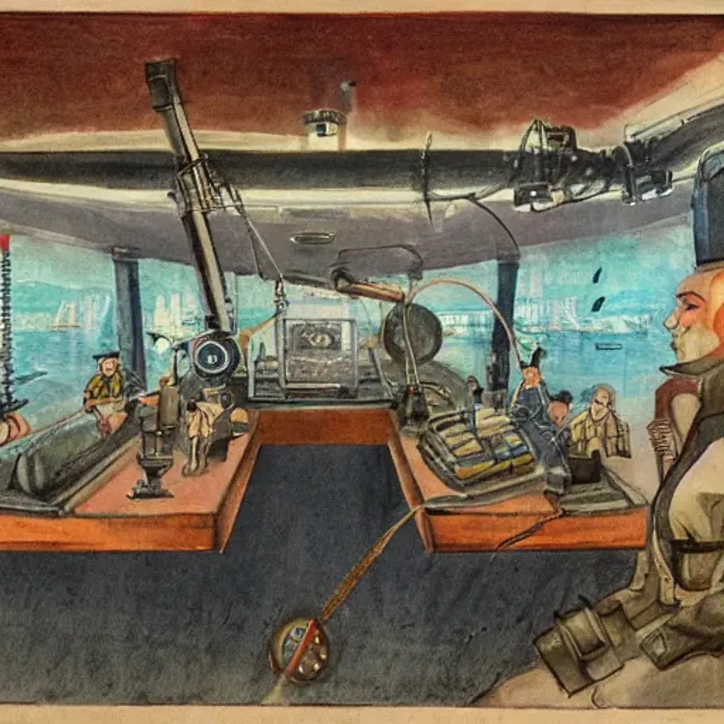 Prompt: on the bridge of a cyberpunk submarine showing gauges, a clock, periscope, chart table and men sitting at various stations with a wooden floor.   hyper detail, sharp focus, trans-realism, water color
